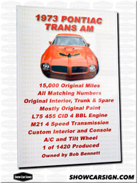 1973 Pontiac Trans Am Car Show Board
