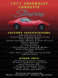 1971 Corvette Stingray Car Show Sign