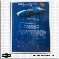 1996 Chevy Corvette Car Show Sign