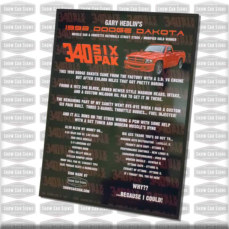 1998 Dodge Dakota Car Show Board