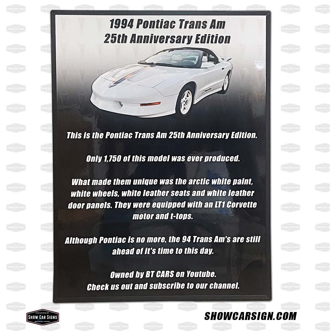 Pontiac TransAm Car Show Board